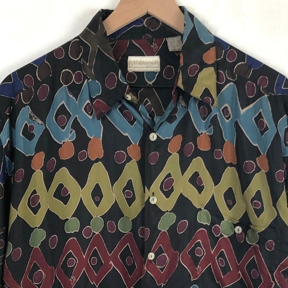100% Silk Geometric Batik Print Button Front Shirt Men's M Coldwater Creek S/S
